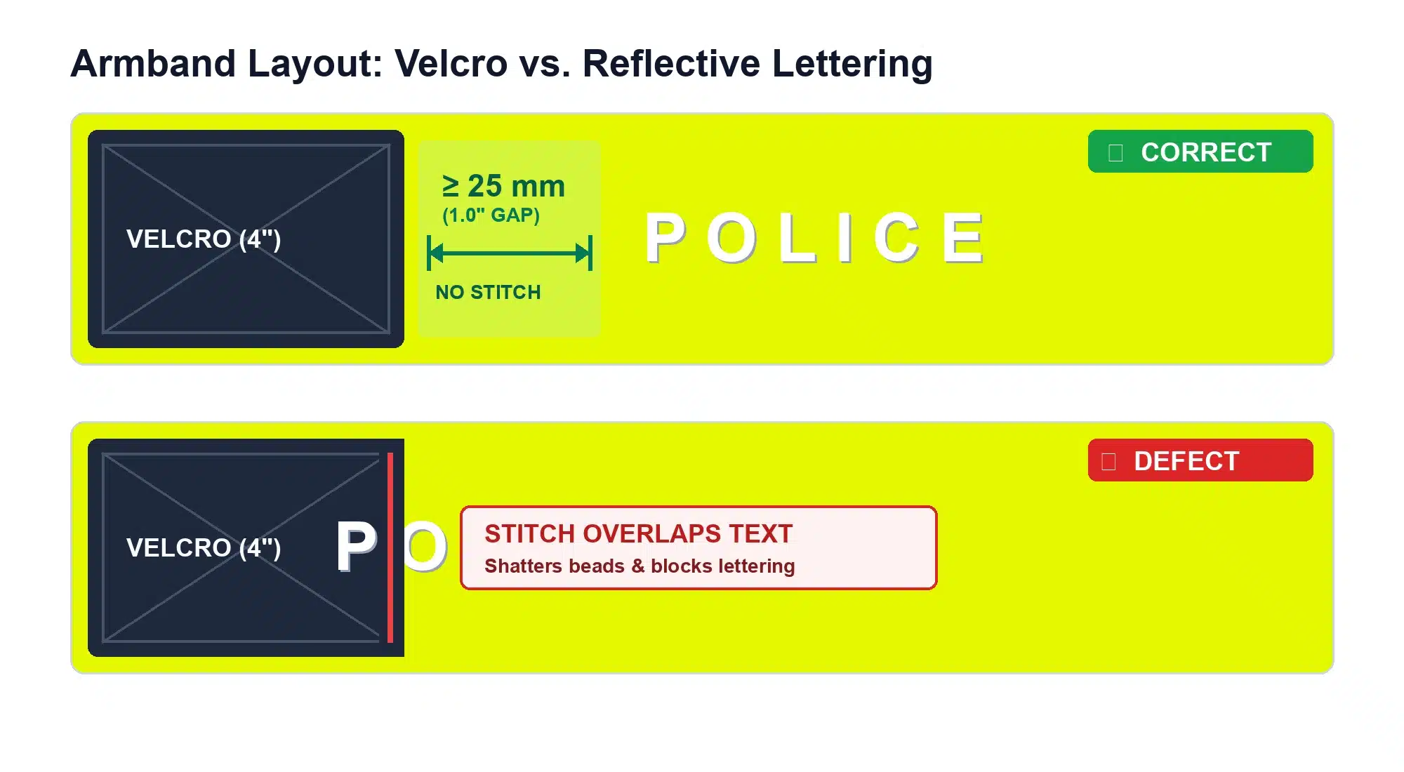 Reflective armband diagram comparing a 25 mm fastener clearance gap with stitching that overlaps reflective lettering